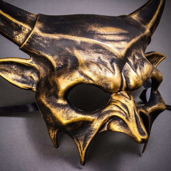 Black Gold Sharp Long Horn Devil Demon Masquerade Wedding Halloween Party Mask - Picture 3 of 3